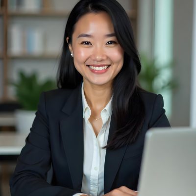 An Asian Woman 28 Years Old With Black Hair Wearing A Suit And Smiling In Front Of A Laptop In A Office 13 2a10