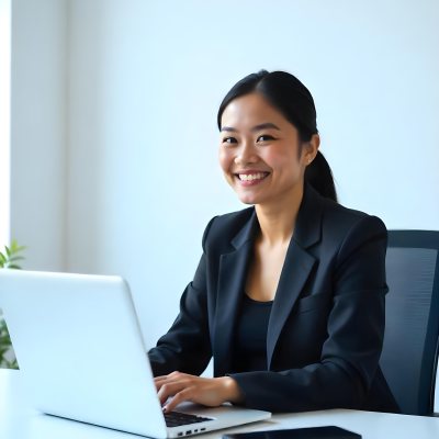 An Asian Woman 28 Years Old With Black Hair Wearing A Suit And Smiling In Front Of A Laptop In A Office 14 2d24