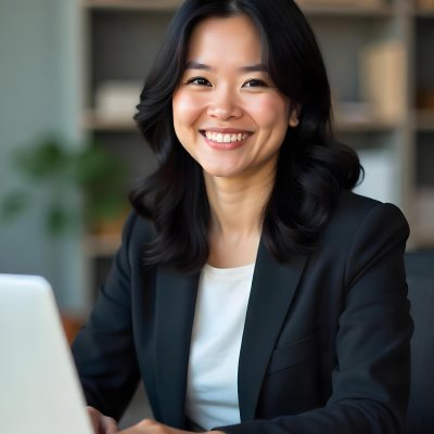 An Asian Woman 28 Years Old With Black Hair Wearing A Suit And Smiling In Front Of A Laptop In A Office 15 2dbd