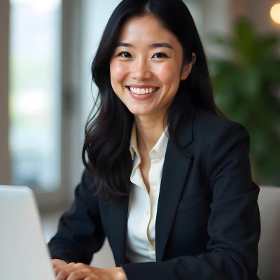 An Asian Woman 28 Years Old With Black Hair Wearing A Suit And Smiling In Front Of A Laptop In A Office 17 85c1