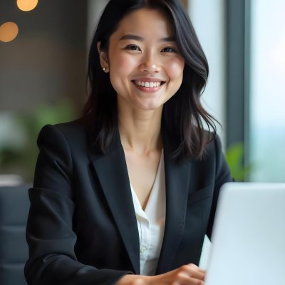 An Asian Woman 28 Years Old With Black Hair Wearing A Suit And Smiling In Front Of A Laptop In A Office 18 527e