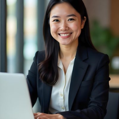 An Asian Woman 28 Years Old With Black Hair Wearing A Suit And Smiling In Front Of A Laptop In A Office 20 8d8a