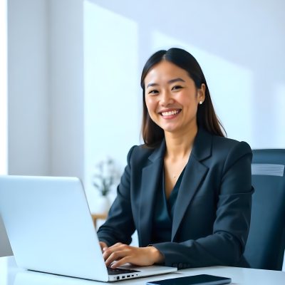 An Asian Woman 28 Years Old With Black Hair Wearing A Suit And Smiling In Front Of A Laptop In A Office 3 E52a
