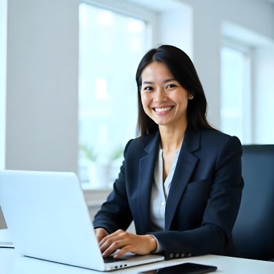 An Asian Woman 28 Years Old With Black Hair Wearing A Suit And Smiling In Front Of A Laptop In A Office 4 4778
