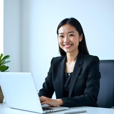 An Asian Woman 28 Years Old With Black Hair Wearing A Suit And Smiling In Front Of A Laptop In A Office 5 E76e