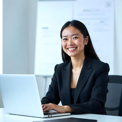 An Asian Woman 28 Years Old With Black Hair Wearing A Suit And Smiling In Front Of A Laptop In A Office 7 Abe1