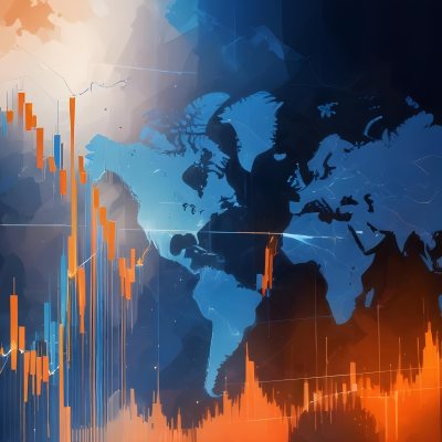 Digital Painting Stock Market Chart With Upward Arrows And World Map In The Background Inancial Data Blue And Orange Color Scheme Modern Design Investment Concept Bold And Slim Lines Brush Strokes 14 F4b2