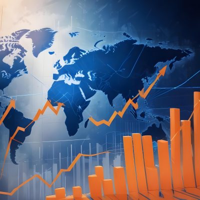 Digital Painting Stock Market Chart With Upward Arrows And World Map In The Background Inancial Data Blue And Orange Color Scheme Modern Design Investment Concept Bold And Slim Lines Brush Strokes 15 Bcfc