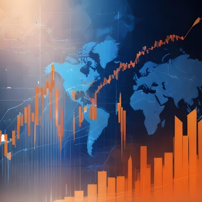 Digital Painting Stock Market Chart With Upward Arrows And World Map In The Background Inancial Data Blue And Orange Color Scheme Modern Design Investment Concept Bold And Slim Lines Brush Strokes 19 Ed3c