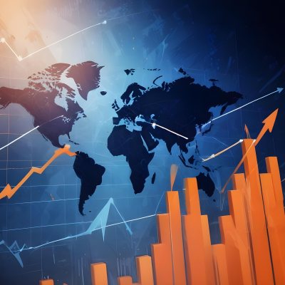 Digital Painting Stock Market Chart With Upward Arrows And World Map In The Background Inancial Data Blue And Orange Color Scheme Modern Design Investment Concept Bold And Slim Lines Brush Strokes 20 F53d