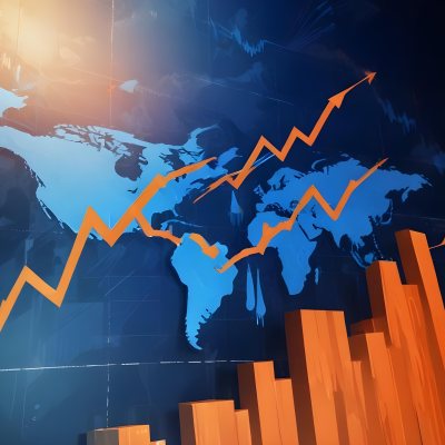 Digital Painting Stock Market Chart With Upward Arrows And World Map In The Background Inancial Data Blue And Orange Color Scheme Modern Design Investment Concept Bold And Slim Lines Brush Strokes 21 A8ad