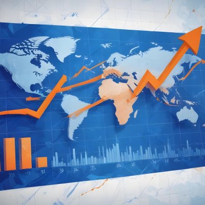 Digital Painting Stock Market Chart With Upward Arrows And World Map In The Background Inancial Data Blue And Orange Color Scheme Modern Design Investment Concept Bold And Slim Lines Brush Strokes 22 0f8c