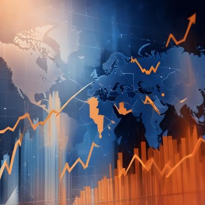 Digital Painting Stock Market Chart With Upward Arrows And World Map In The Background Inancial Data Blue And Orange Color Scheme Modern Design Investment Concept Bold And Slim Lines Brush Strokes 23 Ab82
