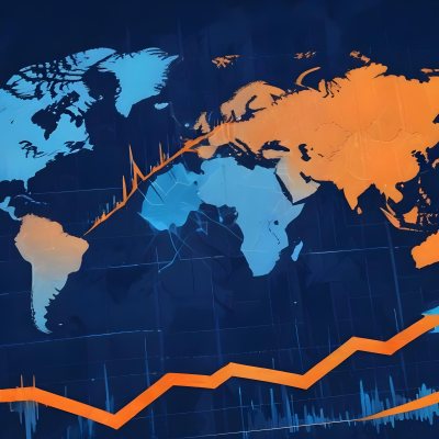 Digital Painting Stock Market Chart With Upward Arrows And World Map In The Background Inancial Data Blue And Orange Color Scheme Modern Design Investment Concept Bold And Slim Lines Brush Strokes 25 Ae5b