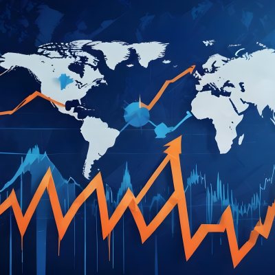 Digital Painting Stock Market Chart With Upward Arrows And World Map In The Background Inancial Data Blue And Orange Color Scheme Modern Design Investment Concept Bold And Slim Lines Brush Strokes 26 0559