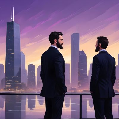 Digital Painting Two Men In Business Suits Standing Back To Back In Front Of A Cityscape With Tall Glass Buildings One Man Has A Beard And Dark Hair Wearing A Black Suit Looking Pensive The Other Man Has Short Ha 13 44b2