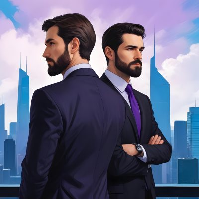 Digital Painting Two Men In Business Suits Standing Back To Back In Front Of A Cityscape With Tall Glass Buildings One Man Has A Beard And Dark Hair Wearing A Black Suit Looking Pensive The Other Man Has Short Ha 14 Ec3a