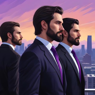 Digital Painting Two Men In Business Suits Standing Back To Back In Front Of A Cityscape With Tall Glass Buildings One Man Has A Beard And Dark Hair Wearing A Black Suit Looking Pensive The Other Man Has Short Ha 15 D5a8