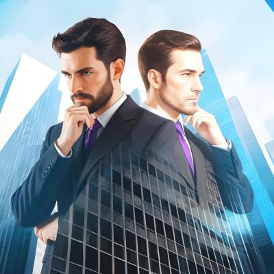 Digital Painting Two Men In Business Suits Standing Back To Back In Front Of A Cityscape With Tall Glass Buildings One Man Has A Beard And Dark Hair Wearing A Black Suit Looking Pensive The Other Man Has Short Ha 3 C7f7