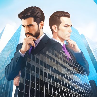 Digital Painting Two Men In Business Suits Standing Back To Back In Front Of A Cityscape With Tall Glass Buildings One Man Has A Beard And Dark Hair Wearing A Black Suit Looking Pensive The Other Man Has Short Ha 4 Bc78