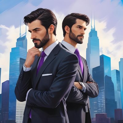 Digital Painting Two Men In Business Suits Standing Back To Back In Front Of A Cityscape With Tall Glass Buildings One Man Has A Beard And Dark Hair Wearing A Black Suit Looking Pensive The Other Man Has Short Ha 5 3994