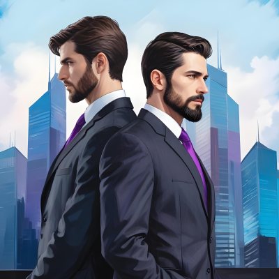 Digital Painting Two Men In Business Suits Standing Back To Back In Front Of A Cityscape With Tall Glass Buildings One Man Has A Beard And Dark Hair Wearing A Black Suit Looking Pensive The Other Man Has Short Ha 6 A290