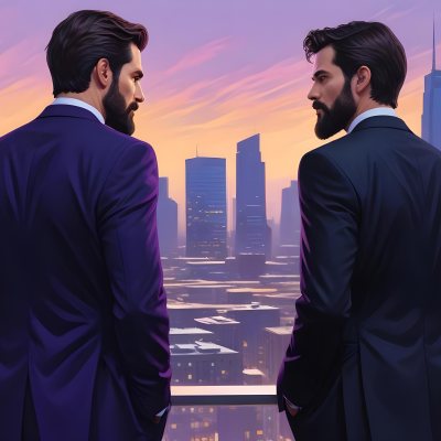 Digital Painting Two Men In Business Suits Standing Back To Back In Front Of A Cityscape With Tall Glass Buildings One Man Has A Beard And Dark Hair Wearing A Black Suit Looking Pensive The Other Man Has Short Ha 7 C331