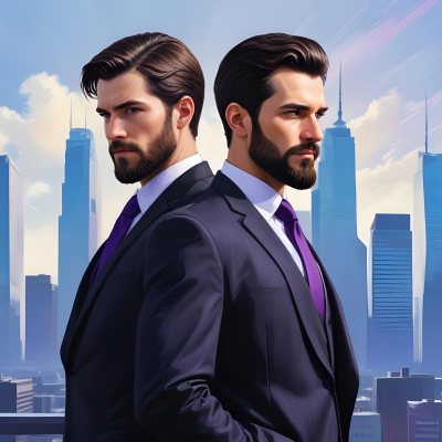Digital Painting Two Men In Business Suits Standing Back To Back In Front Of A Cityscape With Tall Glass Buildings One Man Has A Beard And Dark Hair Wearing A Black Suit Looking Pensive The Other Man Has Short Ha 9 5a30