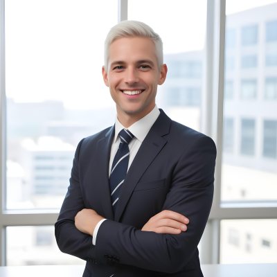 White Man 35 Years Old With Short White Hair Wearing A Suit And Tie Smiling In An Office 1 899f