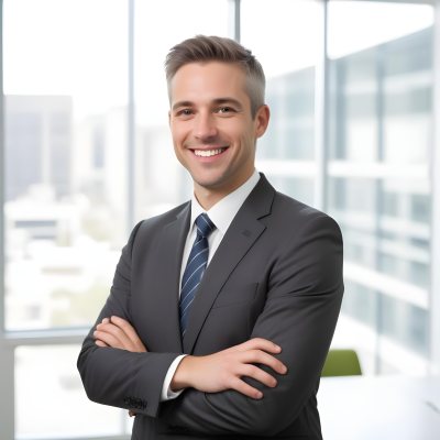 White Man 35 Years Old With Short White Hair Wearing A Suit And Tie Smiling In An Office 2 D778