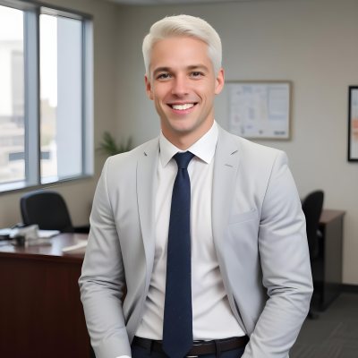 White Man 35 Years Old With Short White Hair Wearing A Suit And Tie Smiling In An Office 4 F9d0