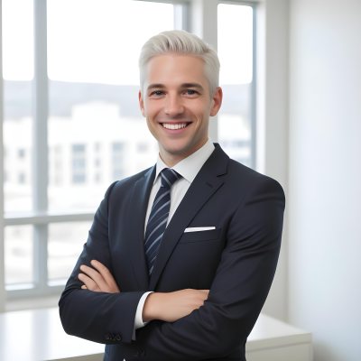 White Man 35 Years Old With Short White Hair Wearing A Suit And Tie Smiling In An Office 5 E609