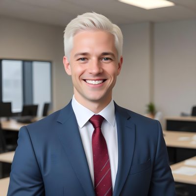 White Man 35 Years Old With Short White Hair Wearing A Suit And Tie Smiling In An Office 6 29e1