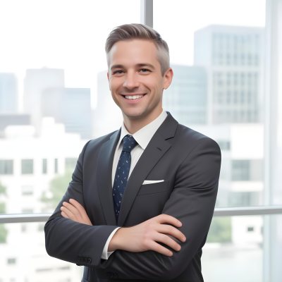 White Man 35 Years Old With Short White Hair Wearing A Suit And Tie Smiling In An Office 7 9e27