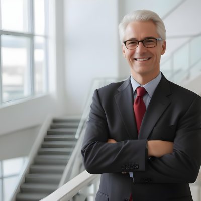 White Man 50 Years Old With White Hair And Glasses Wearing A Suit And A Red Tie Smiling In An Office Environment With A Staircase In The Background 1 Be40
