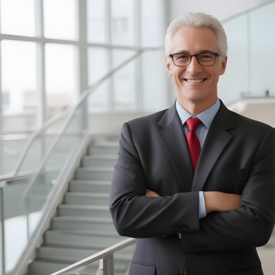 White Man 50 Years Old With White Hair And Glasses Wearing A Suit And A Red Tie Smiling In An Office Environment With A Staircase In The Background 10 A3bf