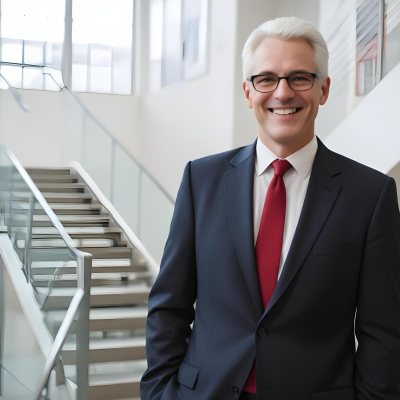 White Man 50 Years Old With White Hair And Glasses Wearing A Suit And A Red Tie Smiling In An Office Environment With A Staircase In The Background 11 6b32