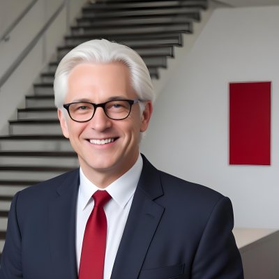 White Man 50 Years Old With White Hair And Glasses Wearing A Suit And A Red Tie Smiling In An Office Environment With A Staircase In The Background 13 9fc9