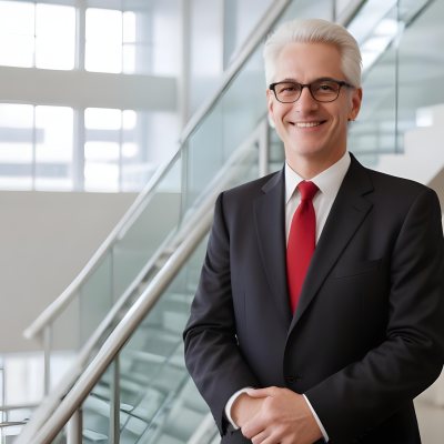 White Man 50 Years Old With White Hair And Glasses Wearing A Suit And A Red Tie Smiling In An Office Environment With A Staircase In The Background 14 D8d9