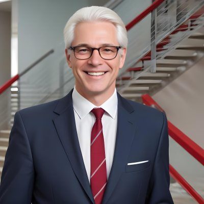 White Man 50 Years Old With White Hair And Glasses Wearing A Suit And A Red Tie Smiling In An Office Environment With A Staircase In The Background 15 7031