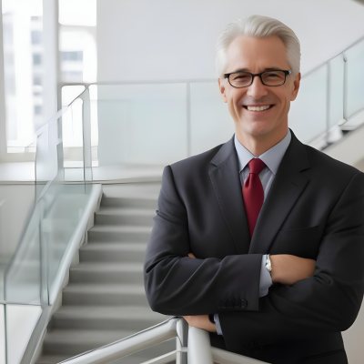 White Man 50 Years Old With White Hair And Glasses Wearing A Suit And A Red Tie Smiling In An Office Environment With A Staircase In The Background 2 C00c