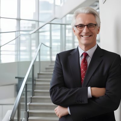 White Man 50 Years Old With White Hair And Glasses Wearing A Suit And A Red Tie Smiling In An Office Environment With A Staircase In The Background 3 6ed3