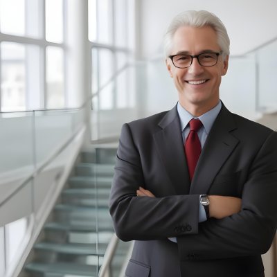 White Man 50 Years Old With White Hair And Glasses Wearing A Suit And A Red Tie Smiling In An Office Environment With A Staircase In The Background 4 A722