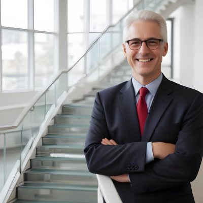 White Man 50 Years Old With White Hair And Glasses Wearing A Suit And A Red Tie Smiling In An Office Environment With A Staircase In The Background 5 015c