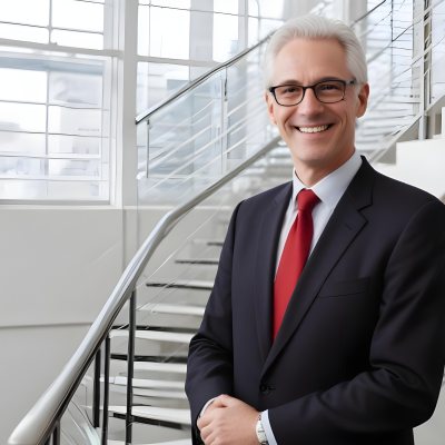 White Man 50 Years Old With White Hair And Glasses Wearing A Suit And A Red Tie Smiling In An Office Environment With A Staircase In The Background 6 3ab1