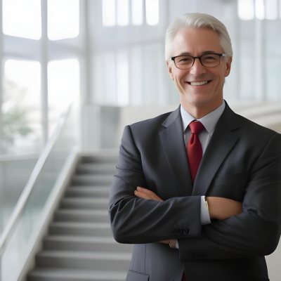 White Man 50 Years Old With White Hair And Glasses Wearing A Suit And A Red Tie Smiling In An Office Environment With A Staircase In The Background 7 8007