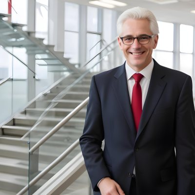 White Man 50 Years Old With White Hair And Glasses Wearing A Suit And A Red Tie Smiling In An Office Environment With A Staircase In The Background 8 25ba