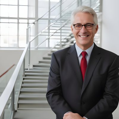 White Man 50 Years Old With White Hair And Glasses Wearing A Suit And A Red Tie Smiling In An Office Environment With A Staircase In The Background 9 E30f
