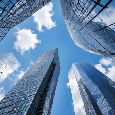 Worm S Eye View Of Modern Skyscrapers With Glass And Steel Facades Reaching Towards A Blue Sky With Scattered Clouds Creating A Sense Of Urban Grandeur 1 B033