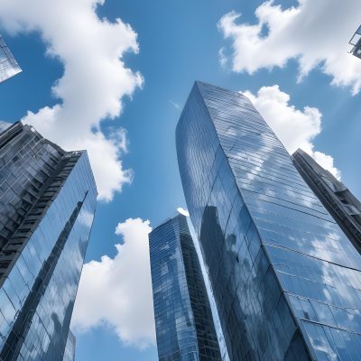 Worm S Eye View Of Modern Skyscrapers With Glass And Steel Facades Reaching Towards A Blue Sky With Scattered Clouds Creating A Sense Of Urban Grandeur 10 Dbd2